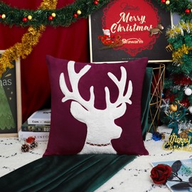 BRAWARM Christmas Pillow Cover 18 X 18 Inches, Burgundy Reindeer Embroidered Pillow Cover, Soft Velvet Decorative Throw Pillow for Couch Bed Sofa Living Room Home
