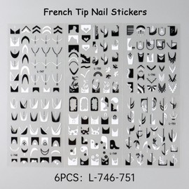 6PCS French Tip Nail Art Stickers Black White French Line Nail Decals Lace Irregular Pattern Nail Stickers Self-Adhesive Curve Lines Design Nail Art Supplies for Women DIY Manicure Decoration