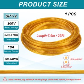 PATIKIL 25Ft 18/2 PVC Covered Wire, 300V SPT-2 Lamp Cord Insulated Heat Resistant Electronical Flexible Cable for LED Lamp Wire Audio Cable Speaker, Golden, UL Listed