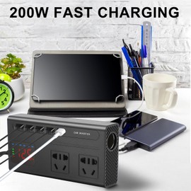 Versatile Power Inverter, 200 W Car Power Converter with Large Digital Display, Type-C Interface, Multiple Protection Functions, Compact and Portable