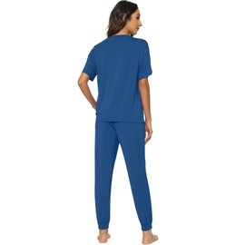 WiWi Viscose from Bamboo Pajamas Set for Women Short Sleeve Loungewear 2 Piece Outfit Long Pants Jogger Sets S-XXL, Prussian Blue, Small