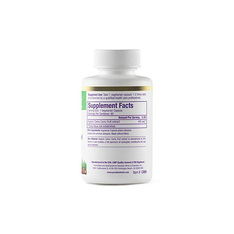 Paradise Herbs Organic Camu Camu with Nature's C, Gluten Free,