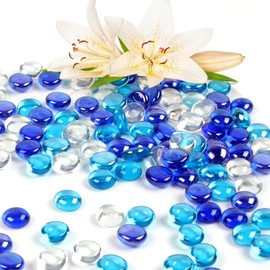 Deepton Glass Pebbles, 150 Pcs Glass Beads for Vases Approx 380g, Flat Glass Stones Blue Mixed Sparkling Glass Pebbles for Vases Aquarium Landscaping Flowerpot Filler Table Scatter Gems