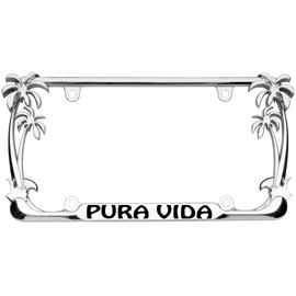 Pura Vida Palm Tree Design Chrome Metal Auto License Plate Frame Car Tag Holder with car banner flag