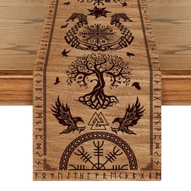 Artoid Mode Wood Viking Tree of Life Raven Helmet of Awe Table Runner, Seasonal Kitchen Dining Table Decoration for Home Party Decor 13x72 Inch