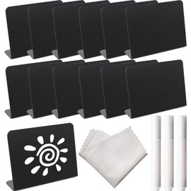12 Pack Mini Chalkboard Signs (10 * 7cm) with 3 Marker Pens and 1 Gray Cleaning Cloth Small Black Chalk Board Signs Erasable Rectangle Chalkboard for School Message Board Sign Wedding Birthday Party