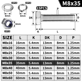 Mbsomnus M8 Hexagon Screw and Nuts Set of 15 Stainless Steel Screws Hexagonal M8 x 35 mm DIN 933 Screws Stainless Steel A2 V2A with Self-Locking Nuts Washers and Spring Washers for Furniture