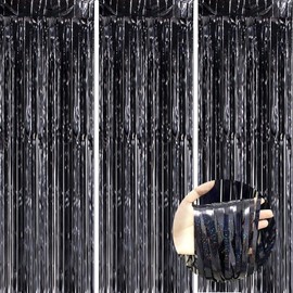 Andiekr Pack of 3 Tinsel Curtains, Metallic 1 x 2 m for Door Window Background Photo Props (Black)