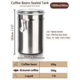 Walktosun Coffee Canister Airtight Coffee Bean Storage Container for Ground Coffee with Lids Stainless Steel Coffee Jar for Coffee Bean, Tea, Flour, Sugar,1.8l/62 Floz