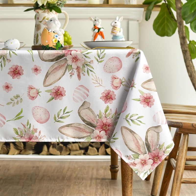 Horaldaily Easter Tablecloth 52×70 Inch Rectangular, Bunny Ear Flowers Spring