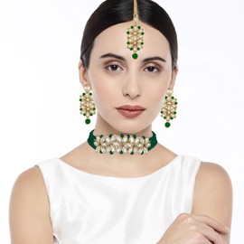 Aheli Pearl Faux Kundan Choker collar con pendiente Maang Tikka indio tradicional Bollywood étnica joyería nupcial Set para mujeres
