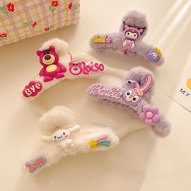 Imported Cute Fluffy Big Strawberry Bear Character Hair Clip - Autumn/Winter New Arrival for Adorable Girls Heart44 Free Size/White 20ea