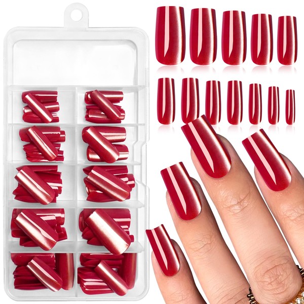 Bellelfin 120Pcs Press on Nails Medium, Red Cat Eye Fake