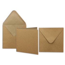 25 x Kraft Paper Card Sets Square 13.5 x 13.5 cm with Letter Envelopes - Recycled Vintage Card Set - for Invitations