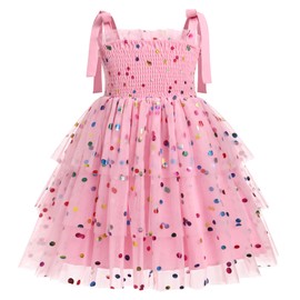 IDOPIP Baby Girls Sequin Confetti Tutu Dress Summer Sleeveless Smocked Backless Princess Birthday Party Dresses Toddler Little Girl Easter Communion Pageant Sundress Clothes Pink Confetti 5-6 Years