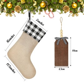 Realspring 8 Pieces 16 Inches Burlap Christmas Stocking with Wooden Name Tags Large Fireplace Hanging Christmas Stocking with Buffalo Plaid Bows Wooden Hanging Tags for Christmas (Black and White)