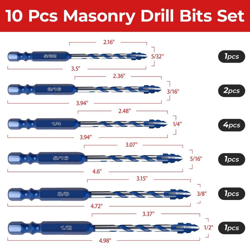 Keewaki Cross-Tip Carbide Drill Bits with Serrated Teeth, 5/32"–1/2" 10-Piece
