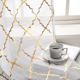 Kotile White and Gold Sheer Curtains 63 Inch Length 2 Panels Set Gold Metallic Pattern Glitter Sheer Curtains for Bedroom, Rod Pocket Light Filtering Shimmer Ogee Sheer Curtains, W52 x L63 Inch