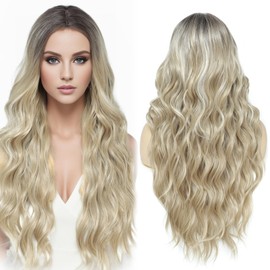 Yamel Long Balayage Blonde Wig Synthetic Natural Long Hair Wig 26 Inch Adjustable Curly Wavy Middle Part Lace Front Wigs for Women
