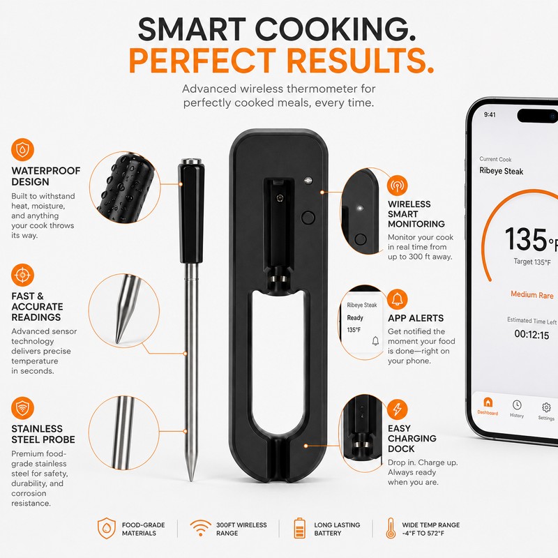 Digital Meat Thermometer for Cooking – Waterproof Instant Read Probe