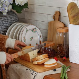 HOME PALETTE Extra Large Bread Box for Kitchen Countertop Corner Breadbox for Homemade Bread Metal White Plant Pattern Embossed Bread Storage Container Bin with Bamboo Lid Fits 2 Loaves of Bread