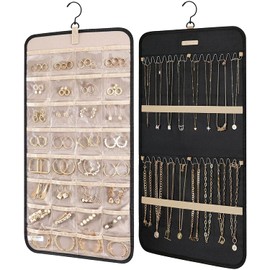 Organizador De Joyas Colgante De Doble Cara, Enrollador De Joyas De Viaje, Joyero De Doble Cara Con Ganchos Giratorios Para Collares, Pendientes, Anillos, Broches, Etc. En Puertas De Pared De Armario
