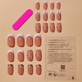 Fake Nails False Nails with Glue, French Tip White Pink Nude Stick on Nails, Short Square Glitter Press on Nails, Full Cover Acrylic Nails for Women Girls (24pcs)