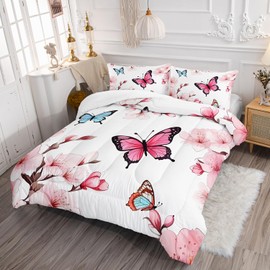 XYNHML Colorful Butterfly Cherry Blossom Comforter 3Pcs Full Sakura Flower Romantic Butterfly Bedding Set for Kid Teen Girl Boy Adult Petal Floral Quilt Decor with 1 Comforter and 2 Pillowcases