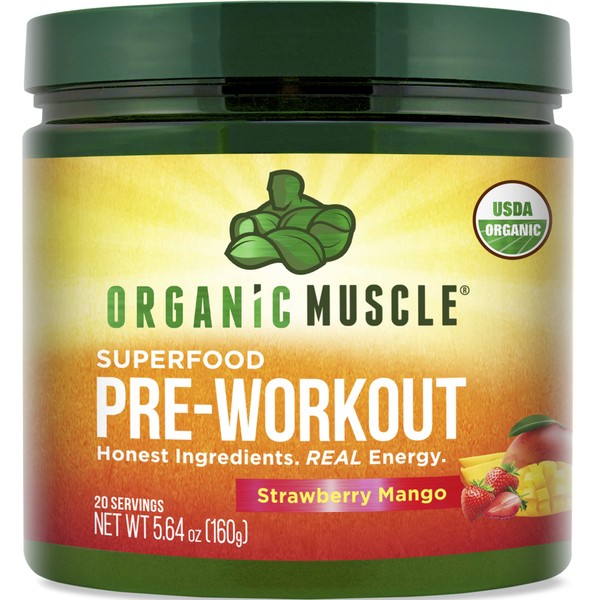 Organic Muscle Organic Pre Workout Powder for Men & Women - Vegan & Plant Based Superfood Energy Powder for Endurance, Strength, Stamina, & Focus - Strawberry Mango, 160mg Natural Caffeine, 20 Serv