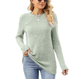 Famulily Crew Neck Jumpers for Ladies Winter,Longline Sweatshirt Lightweight Knitted Long Sleeve Pullover Tops (L, Green)