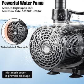200W 5812 GPH Submersible Water Pump with Adapters, Water Pump 36 FT Lift High for Ponds, Fountains, Waterfalls and Water Circulation, Aquarium Pump Quiet Operation Vertical/Horizontal w/ 16 FT Cord