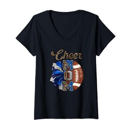 Womens Football Cheer Mom Navy Blue Pom Leopard V-Neck T-Shirt
