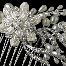 Elegance BC Silver Diamond White Pearl & Rhinestone Floral Vine Prom Bridal Hair Comb