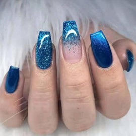 Press On Nails Coffin Fake Nails Blue Gradient Acrylic Nail With Glossy Shiny Design Press On Nails Kit Artificial Fake Nails Cute Stick On Nails Press On Nails For Women 24pcs