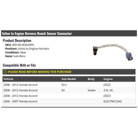 Knock Sensor Connector (Inline to Engine Harness) - Compatible with 2006-2012 Honda Accord Sedan