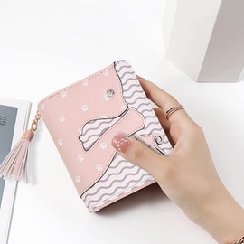 UTO Small Wallet for Girls Cute Cat Tassel Vegan Leather Women Card Holder Kawaii Coin Purse Light Pink