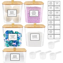 4+1 Pack Laundry Room Organization Containers,Clear Laundry Pods Container,Large Laundry Detergent Powder Storage Containers with Wooden Lids & Labels,Laundry Pods Holder for Scent Booster,Powder,Pods
