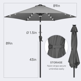 FLAME&SHADE 7.5 ft Solar Powered Outdoor Market Patio Table Umbrella with LED Lights and Tilt, Anthracite