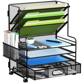 MINDEPOT Organizador de papel de 4 niveles + soporte para archivos de 3 bolsillos + cajón + soportes para bolígrafos, organizador de archivos de escri