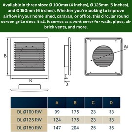 Square White Ventilation Grille with Flyscreen - Round Ø 100mm – 4 inch Rear Spigot - Vent Cover for Bathroom, Kitchen, Wall, Ducting, Louvre Panel - Airflow Louvered Grill. Set by MYPURECORE