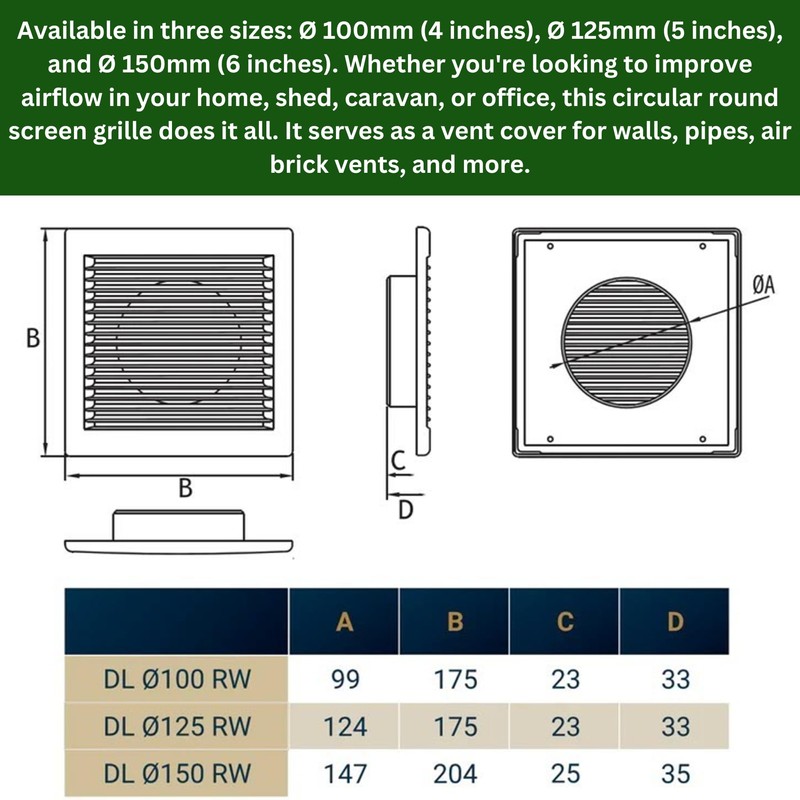 Square White Ventilation Grille with Flyscreen - Round Ø 100mm