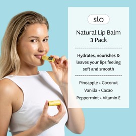 Slo | Natural Lip Balm - All Natural Ingredients, Vegan & Cruelty Free, Hydrating & Soothing, Plastic Free | Pina Colada + Zinc & Peppermint + Vitamin E & Vanilla + Cacao - 3 Pack (3 x 0.28oz/8g)