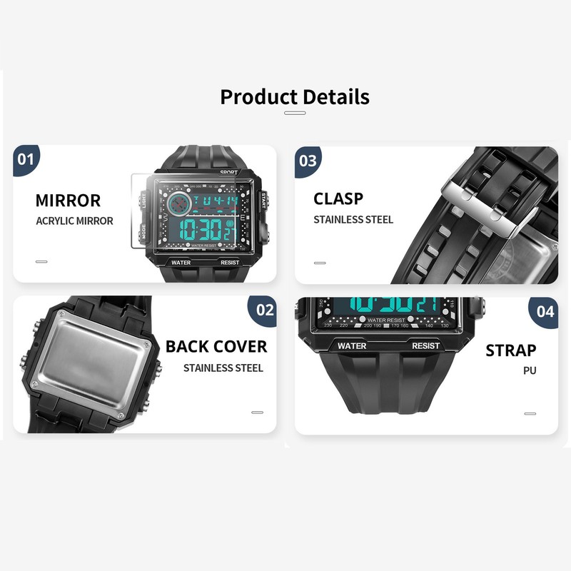 Men Rectangle Digital Sports Watch Night Light Rectangle Display Waterproof