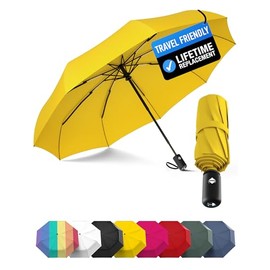 Rain-Mate Paraguas compacto de viaje – resistente al viento, toldo reforzado, mango ergonómico, apertura automático/cierre múltiples colores, Amarillo