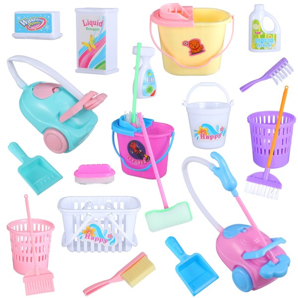 22 Pieces Miniature Bucket Doll Housework Cleaning Supplies Mini Dollhouse Accessories Mop Dustpan, Brush, Broom, Furniture Decoration Accessories for Pretend Play, Random Color