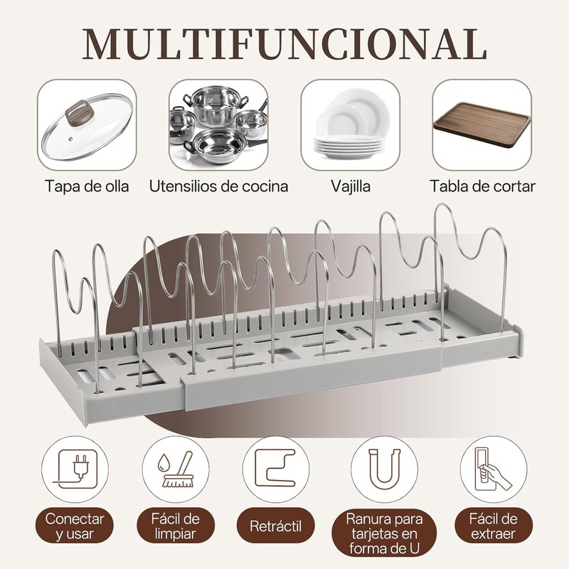 Organizador de Sartenes y Ollas Corredero Acero, 9 Compartimentos Ajustable