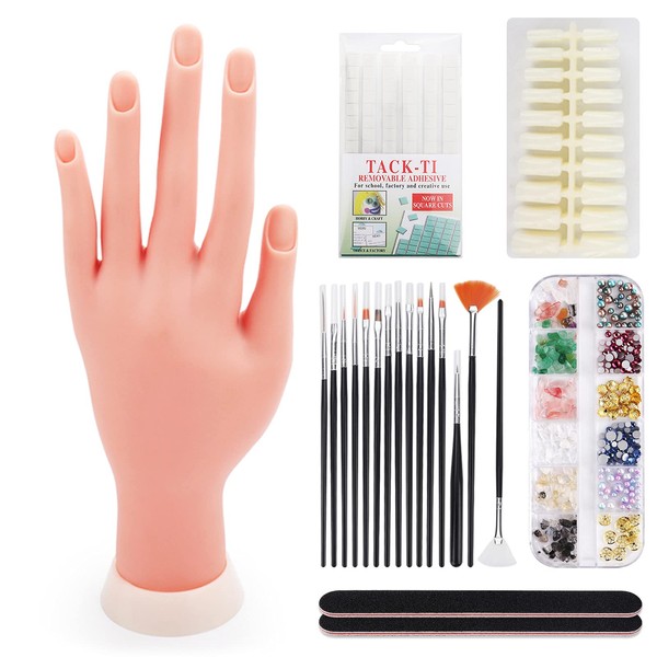 Practice Hand for Acrylic Nails,Nail Mannequin Hands for Nails Practice,Fake Nail Training Hand Manicure, Flexible Bendable Nail Hand with 100PCS Nail Tips,Painting Pen,Nail Clay and Nail Rhinestones