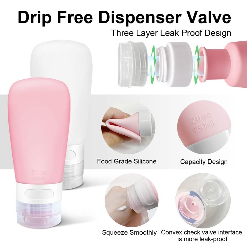 空のトラベルサイズボトルセット 漏れ防止 シリコンプラスチックシャンプーコンディショナー液体スクイーズボトル TSA承認 トラベルコンテナスプレーボトル 詰め替え可能化粧品容器 洗面用具バッグキット付き