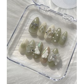 ꯰Huwahuwa Angel Green ꯱Handmade Nail Tips - Square / ꒰후와후와 엔젤그린꒱수제네일팁 - 스퀘어