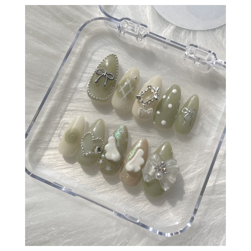 ꯰Huwahuwa Angel Green ꯱Handmade Nail Tips - Square / ꒰후와후와